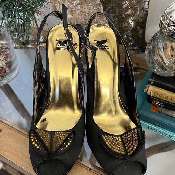 Vintage women's Sheik peep toe stilettos. Gorgeous gold heels size 9 - Picture 1 of 16